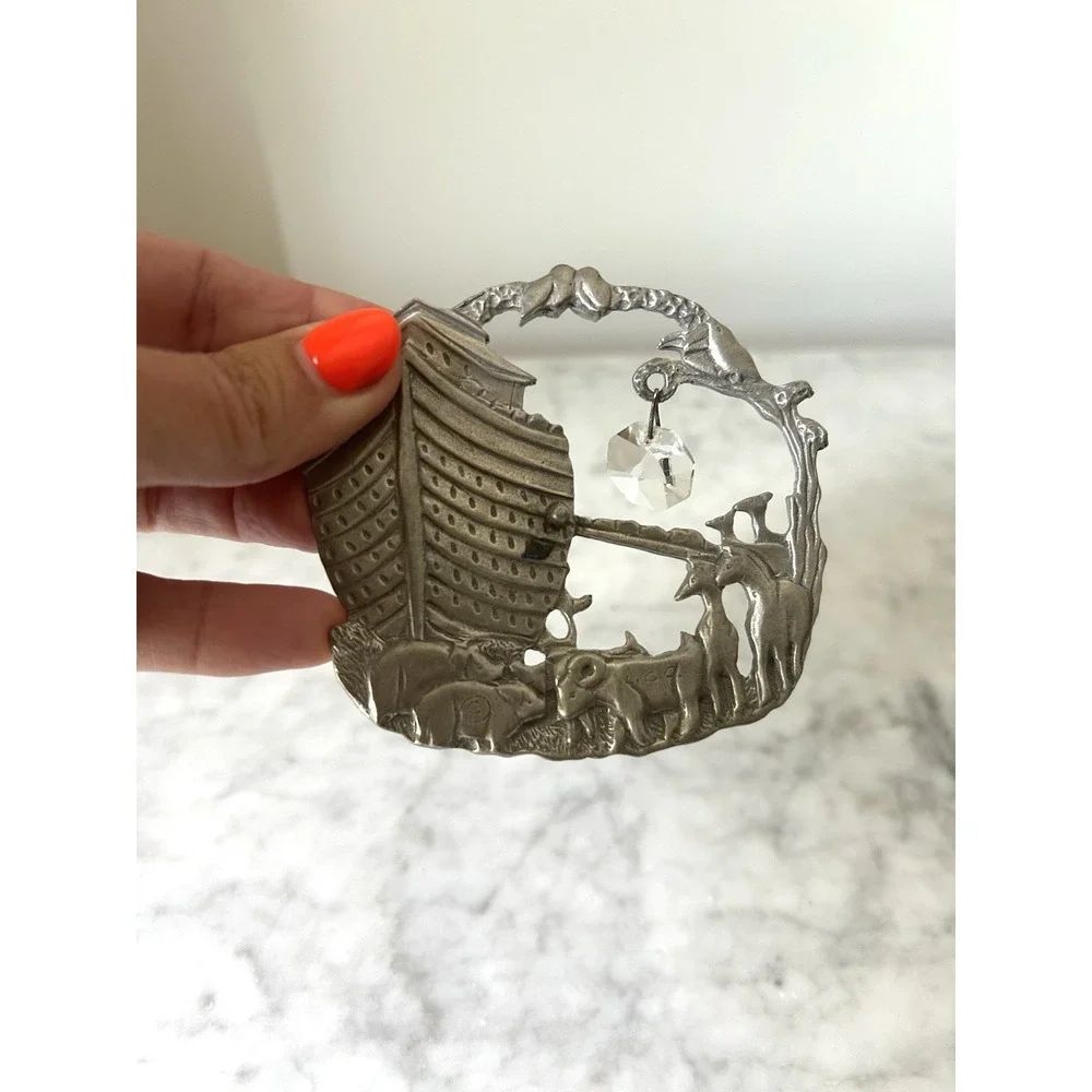 Vintage Pewter Noah's Ark Suncatcher Ornament 3D Animals Giraffes Elephants